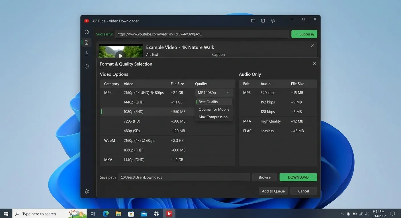 AV Tube pilihan format dan kualitas video