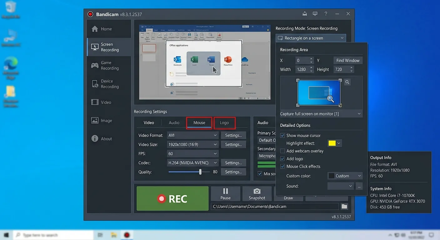 Bandicam screen recording settings
