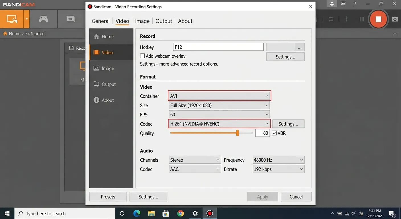 Bandicam video recording settings
