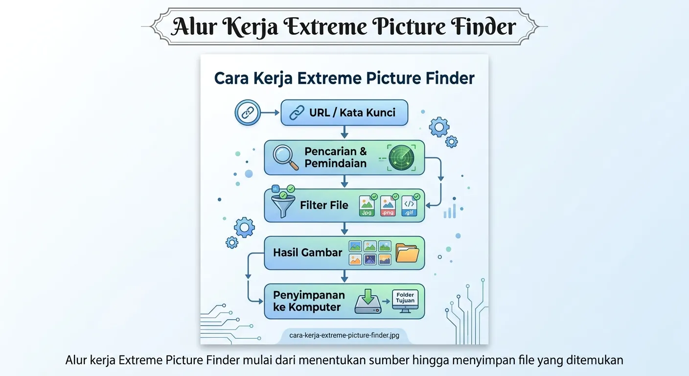 Alur kerja Extreme Picture Finder untuk mencari dan mengunduh gambar