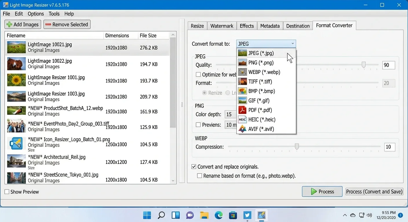 Light Image Resizer image format conversion settings