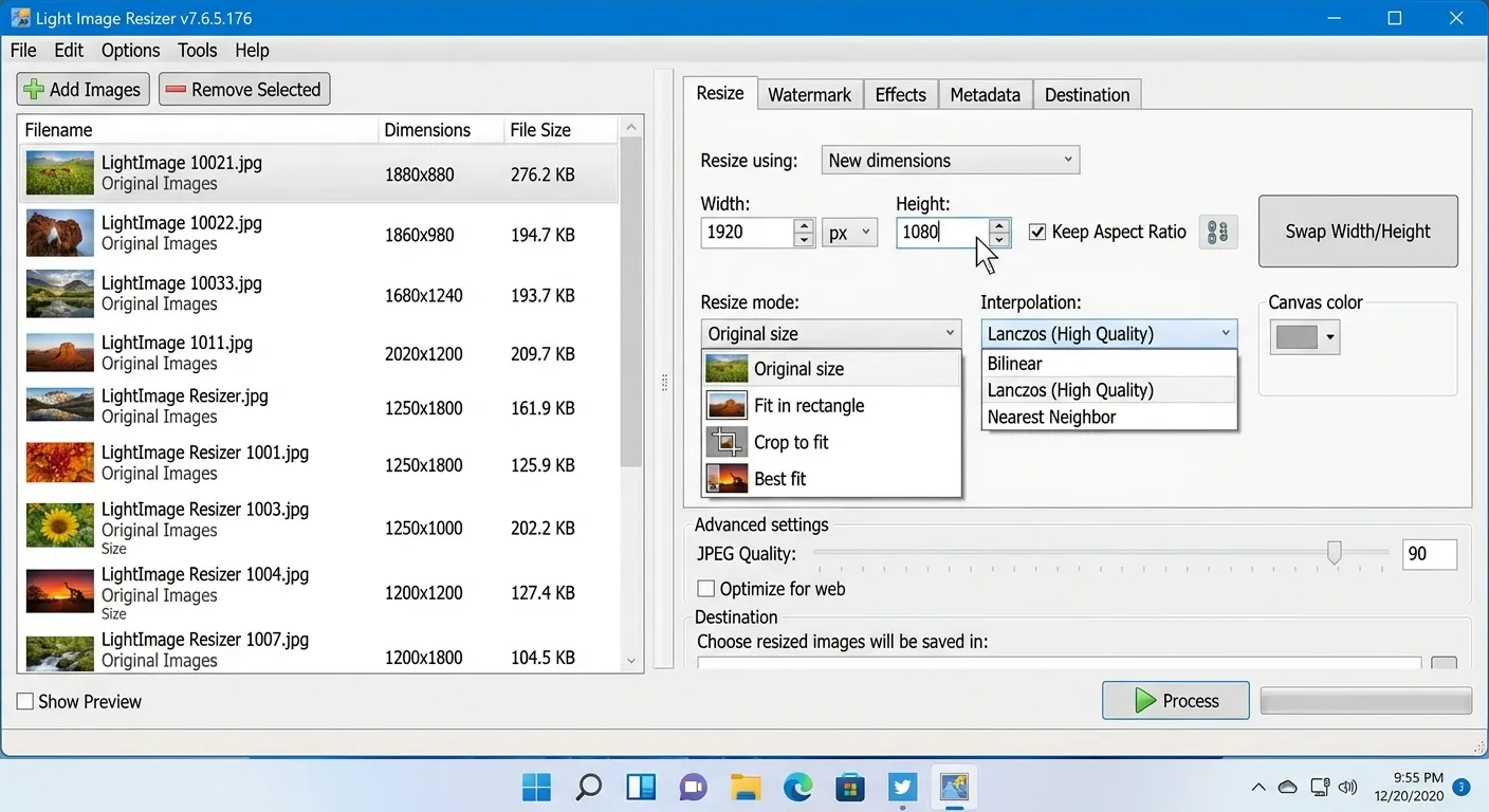 Light Image Resizer resize settings for images