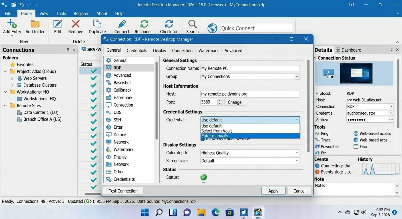 Remote Desktop Manager RDP connection settings