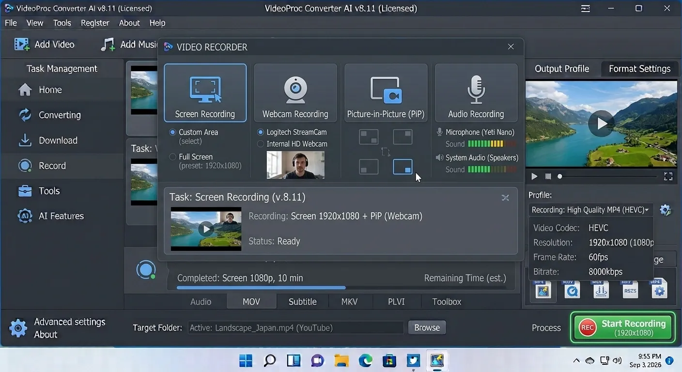 VideoProc Converter AI screen recorder interface