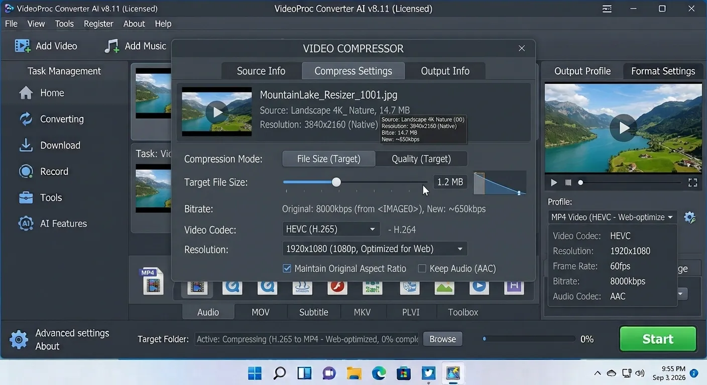VideoProc Converter AI video compressor settings