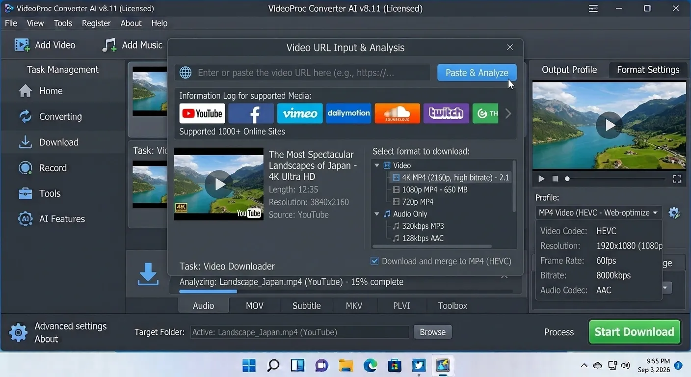 VideoProc Converter AI video downloader interface